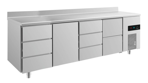 A&S Polarny Kühltisch -2 bis +8°C mit Tür mittig-links, zwei Schubladen rechts und 2x drei Schubladen, 2330 x 700 x 850 mm, mit Aufkantung, KT4DTDZA