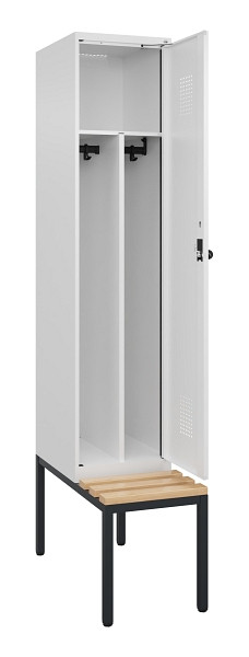 C+P Spind Evolo PLUS, 1 Abteile, 2120x400x815mm, 9016/9016, Haken 4, Drehriegel, Sitzfläche Buche-Hartholz, Sitzbank, Trennwand, 0490507-12F S10020
