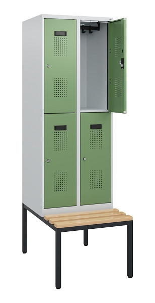 C+P Doppelstöckiger Spind Evolo PLUS, Bank, 4 Fächer, 1950x600x815mm, 7035/6011, Zylinderschloss, Sitzfläche Buche-Hartholz, Sitzbank, 0493505-20 S10037