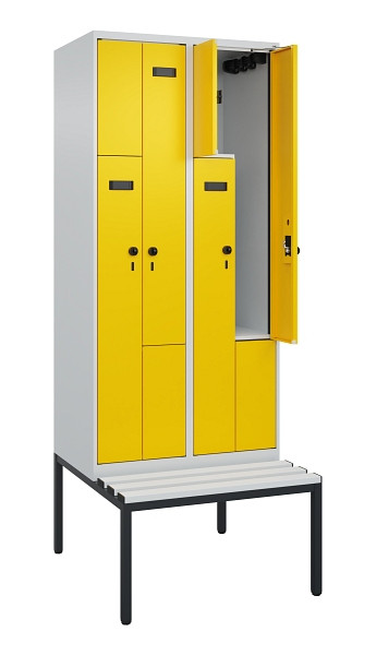 C+P Z-Spind Evolo PLUS, Bank, 4 Fächer, 2120x800x815mm, 7035/1023, Drehriegel, Sitzfläche Kunststoff, Sitzbank, 0490537-224 S10055