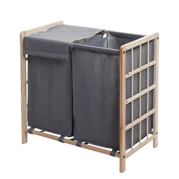 Mendler Wäschesammler HWC-B60, Laundry Wäschebox Wäschekorb, Massiv-Holz 2 Fächer 60x60x33cm 68l, hellbraun, Bezug grau, 75535