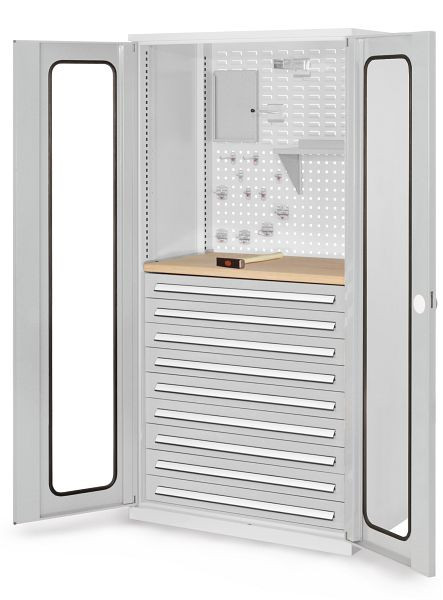 Kappes RasterPlan Schubladenschrank, Modell 37, RAL 7035, Sichtfenstertür, 1950 x 1000 x 600 mm, 9 Schubladen H 100 mm, 1460.07.5013
