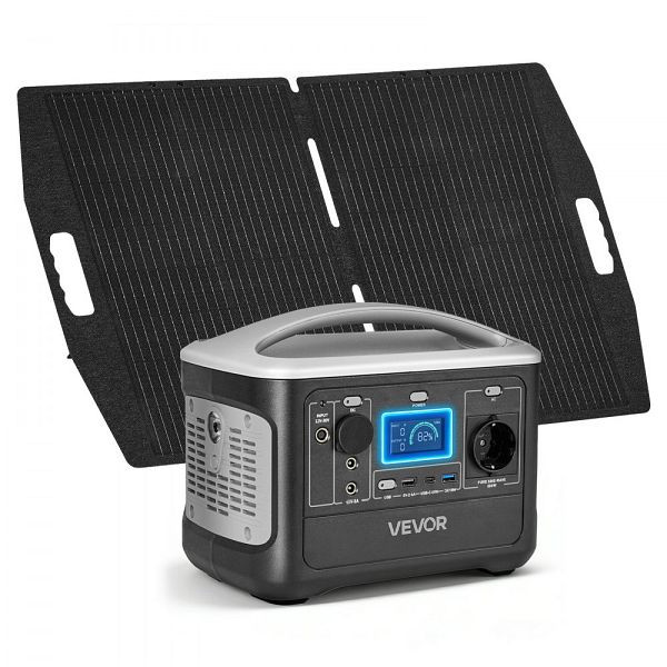 VEVOR Tragbare Powerstation 600W, inkl. 100W Solarpanel, 493Wh LiFePO4-Akku, 7 Ausgänge, für Notfälle, Camping, Wohnmobil, DXCNDYTJ1100D3D0E001V2