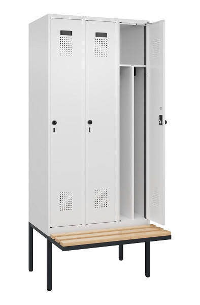 C+P Spind Evolo PLUS, 3 Abteile, 2120x900x815mm, 9016/9016, Haken 4, Drehriegel, Sitzfläche Holz, 0490407-30F S10020