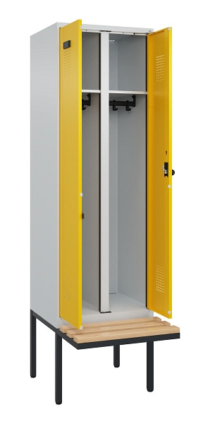C+P Schwarz-Weiß-Spind Evolo PLUS, Bank, 2 Abteile, 2120x600x815mm, 7035/1023, Drehriegel, Sitzfläche Holz, 0490427-20 S10001