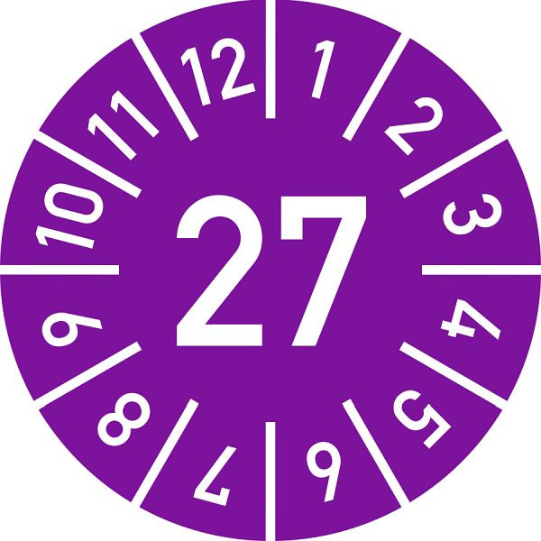Moedel Prüfplakette Jahr 27 mit Monaten, violett, Folie, Ø 10 mm, VE: 10 Stück/Bogen, 105993