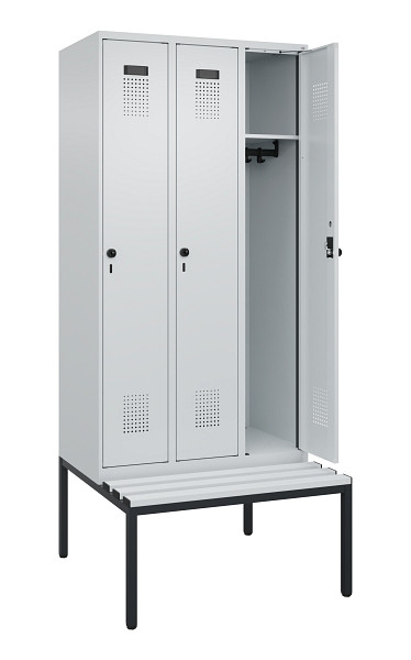 C+P Spind Evolo PLUS, 3 Abteile, 2120x900x815mm, 7035/7035, Haken 3, Drehriegel, Sitzfläche Kunststoff, Sitzbank, 0490507-30 S10067