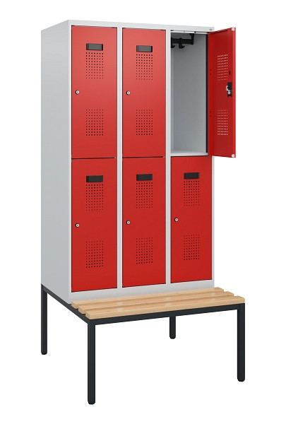 C+P Doppelstöckiger Spind Evolo PLUS, Bank, 6 Fächer, 1950x900x815mm, 7035/3020, Zylinderschloss, Sitzfläche Buche-Hartholz, Sitzbank, 0493505-30 S10028