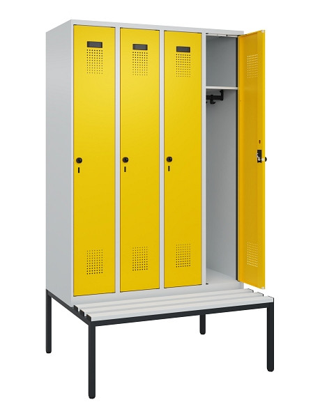 C+P Spind Evolo PLUS, 4 Abteile, 2120x1200x815mm, 7035/1023, Haken 3, Drehriegel, Sitzfläche Kunststoff, Sitzbank, 0490507-40 S10055