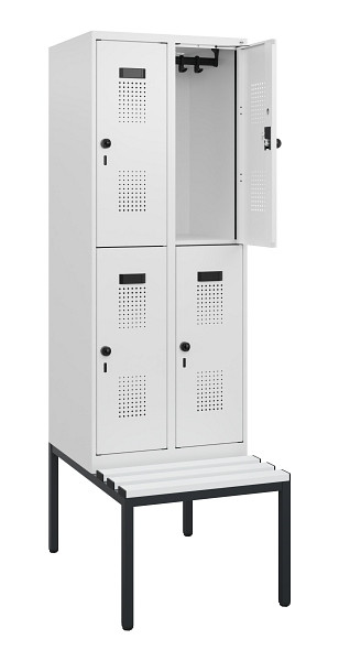C+P Doppelstöckiger Spind Evolo PLUS, Bank, 4 Fächer, 1950x600x815mm, 9016/9016, Drehriegel, Sitzfläche Kunststoff, Sitzbank, 0493505-20 S10120