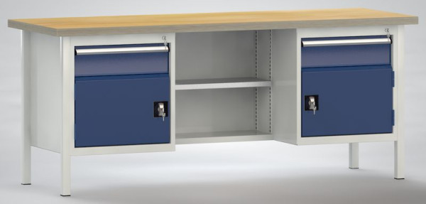 KLW Standard-Werkbank 2000 x 700 x 840 mm L x T x H, mit Buchen-Mulitplexplatte 2000 x 700 x 40 mm, WS213N-2000M40-E2001