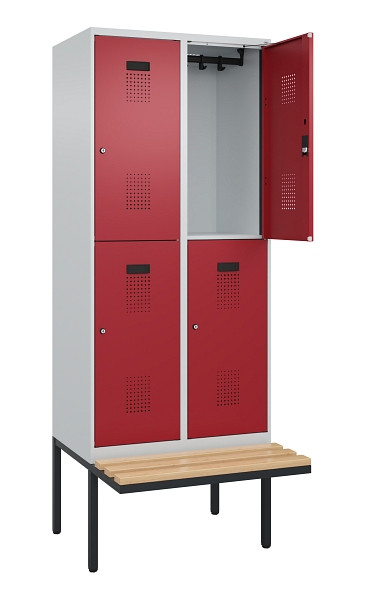 C+P Doppelstock-Spind Evolo PLUS, Bank, 4 Fächer, 2120x800x815mm, 7035/3003, Zylinderschloss, Sitzfläche Buche-Hartholz, 0493407-22 S10031