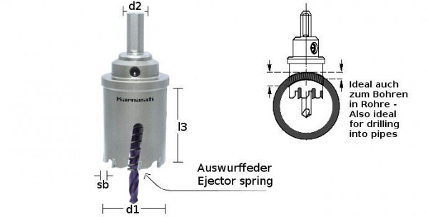 Karnasch Hartmetall-bestückte Lochsäge Power-Max 60 mit Schaft, Zentrierbohrer, Auswurffeder, Schnitttiefe 60mm, d=68mm, 201121068