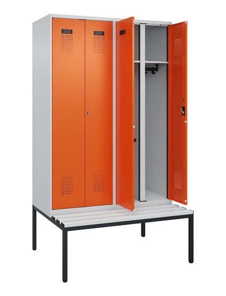C+P Schwarz-Weiß-Spind Evolo PLUS, Bank, 4 Abteile, 2120x1200x815mm, 7035/2004, Zylinderschloss, Sitzfläche Kunststoff, Sitzbank, 0490527-40 S10083