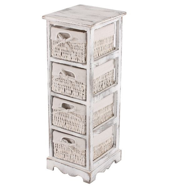 Mendler Regal Kommode mit 4 Korbschubladen 74x25x28cm, Shabby-Look, Vintage, weiß, 30435