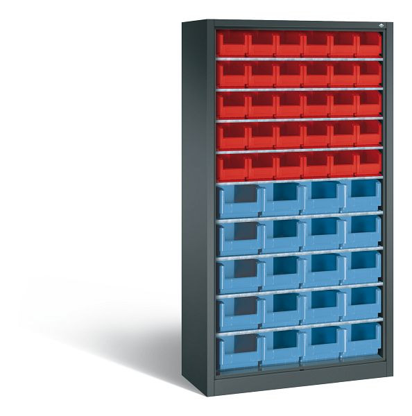 C+P Stahlregal mit Rückwand Serie 13, H1980xB1000xT420 mm, Anthrazit, 9 Einlegeböden, 50 Sichtlagerkästen, 133144-07 S10000