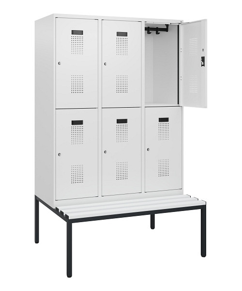 C+P Doppelstöckiger Spind Evolo PLUS, Bank, 6 Fächer, 1950x1200x815mm, 9016/9016, Zylinderschloss, Sitzfläche Kunststoff, Sitzbank, 0493505-32 S10155
