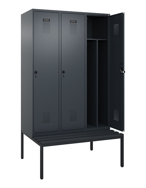 C+P Spind Evolo PLUS, 3 Abteile, 2120x1200x815mm, 7016/7016, Haken 4, Drehriegel, Sitzfläche Kunststoff, Sitzbank, Trennwand, 0490507-32F S10070