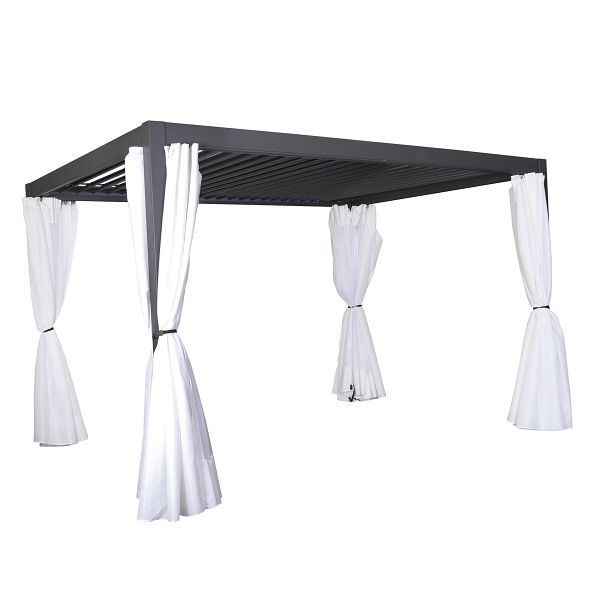 Mendler Pergola HWC-J32, Garten Lamellen-Pavillon, 11cm-Alu-Gestell 4x3m, dunkelgrau mit Seitenwand + Moskitonetz weiß, 76933+76934+76935+76936+77048+77384