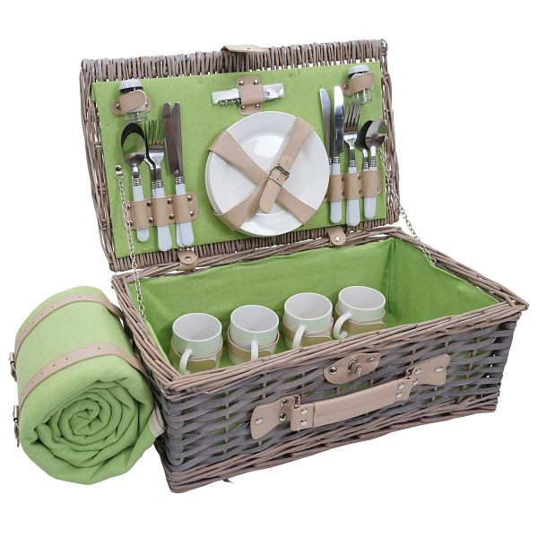 Mendler Picknickkorb-Set HWC-B24 für 4 Personen, Weiden-Korb, Porzellan Edelstahl, grau-grün, 76400