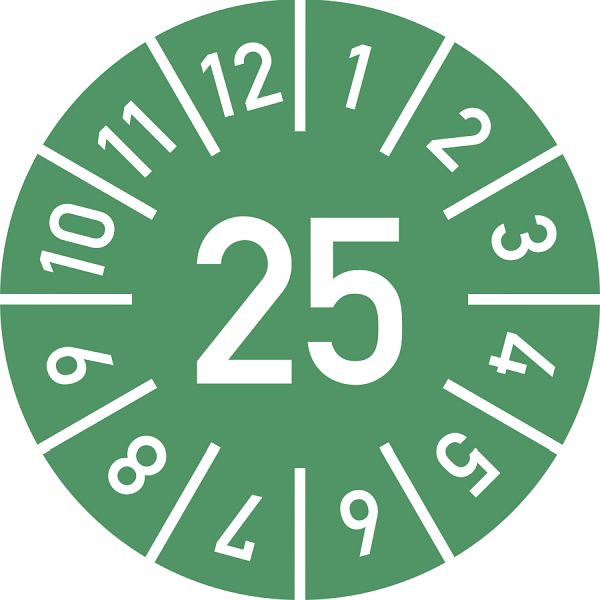 Moedel Prüfplakette Jahr 25 mit Monaten, grün, Folie, Ø 10 mm, VE: 10 Stück/Bogen, 103963