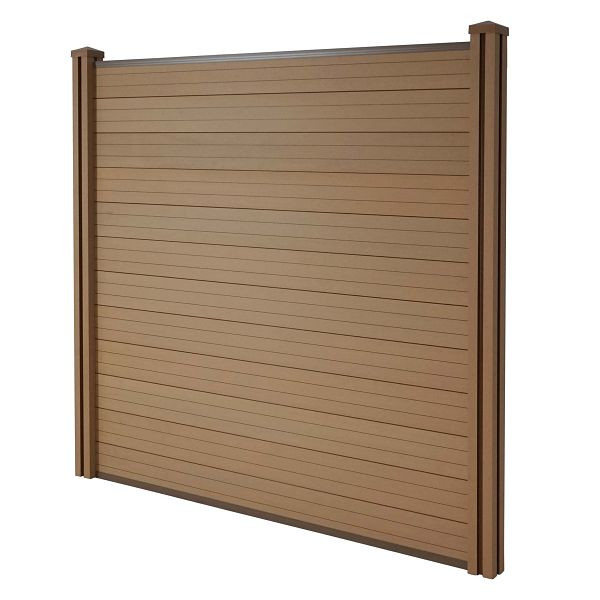 Mendler WPC-Sichtschutz Sarthe, Windschutz Zaun, WPC-Pfosten, Basiselement, 1,95m teak, 77563+77564+77565