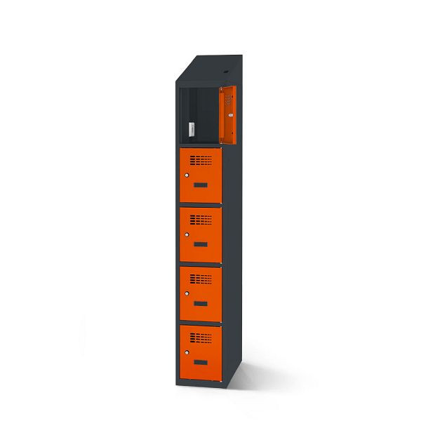 Rotstahl Fächerschrank, 5 Fächer, kurzer Sockel, mit Ladefunktion, Schrägdach, Korpus: anthrazitgrau, Türen: reinorange, 2180-010500-0401112-7016-2004