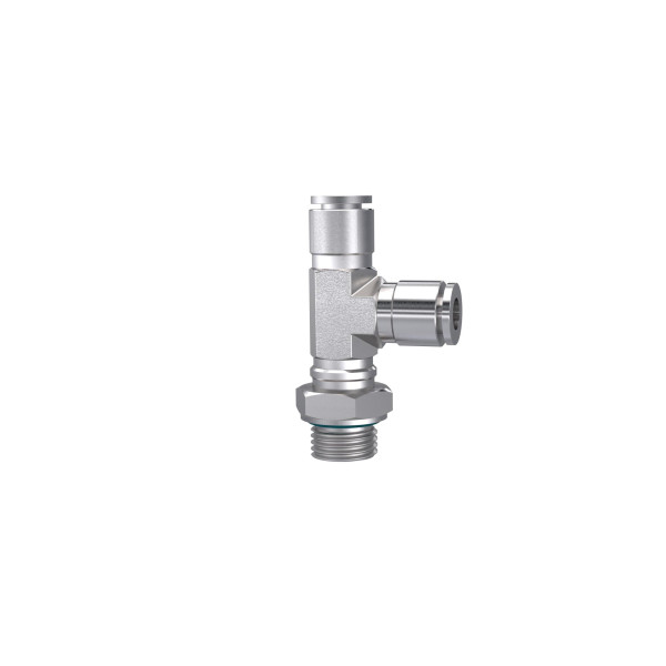Riegler T-Steckverschraubung, L-Form, drehbar, M5, Schlauch-Ø 4, ES, 135209