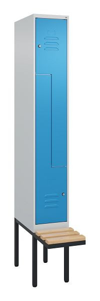 C+P Z-Spind Classic PLUS, Bank, 2 Abteile, 2120x300x815mm, 7035/5012, Zylinderschlösser, Buche-Sitzleisten, 0800437-102 S10019