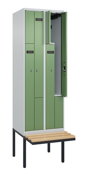 C+P Z-Spind Evolo PLUS, Bank, 4 Fächer, 2120x600x815mm, 7035/6011, Zylinderschloss, Sitzfläche Holz, 0490437-204 S10033