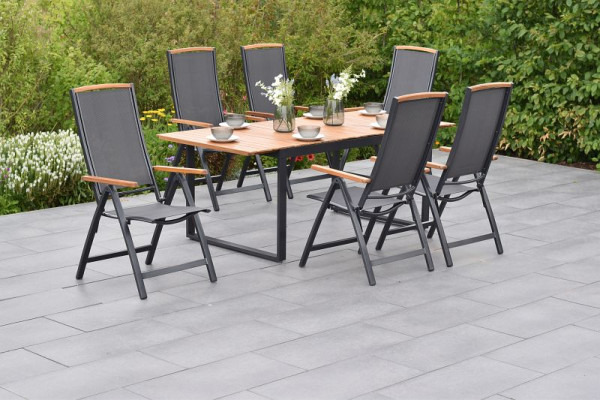 Merxx Siena Set 7-teilig, 6 Siena Klappsessel, 1 Ausziehtisch, 150 (200) x 90 cm, Tischplatte aus Akazienholz, graphit/grau, 50849-309