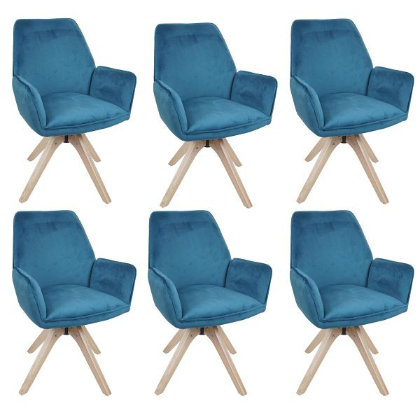 Mendler 6er-Set Esszimmerstuhl HWC-G67, Esstischstuhl Küchenstuhl mit Armlehne, drehbar Holz Samt 320 g/m² MVG, türkis-blau, 6x121387
