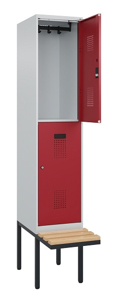 C+P Doppelstock-Spind Evolo PLUS, Bank, 2 Fächer, 2120x400x815mm, 7035/3003, Zylinderschloss, Sitzfläche Buche-Hartholz, 0493407-12 S10031