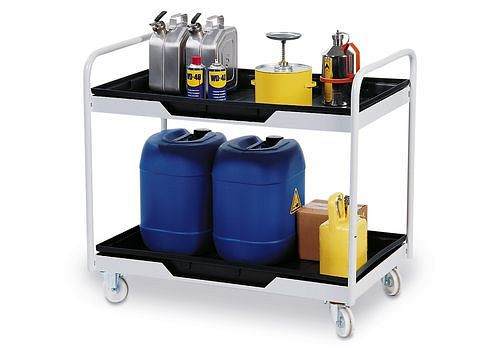 DENIOS Fahrbarer Arbeitstisch mit 2 Auffangwannen aus Polyethylen (PE), Auffangvolumen 2 x 30 Liter, 115214