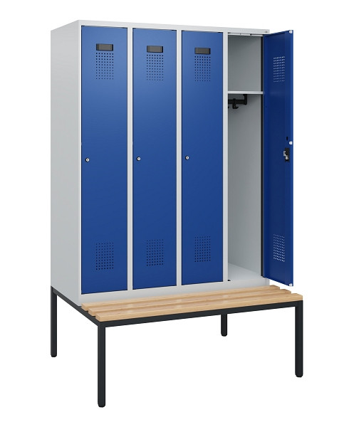 C+P Spind Evolo PLUS, 4 Abteile, 1950x1200x815mm, 7035/5010, Zylinderschloss, Sitzfläche Buche-Hartholz, Sitzbank, 0490505-40 S10029
