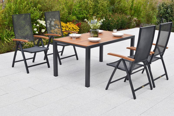 Merxx Thasos Set 5-teilig, 4 Thasos Klappsessel, 1 Tisch 150 x 90 cm, folierte Tischplatte in Holzoptik, Aluminium, 50187-217