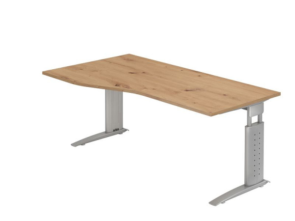 Hammerbacher Schreibtisch US18, 180 x 100/80cm, Platte: Asteiche, 25 mm dick, C-Fuß Gestell in Silbergrau, Arbeitshöhe 68-86 cm, VUS18/R/S