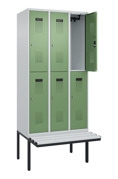 C+P Doppelstock-Spind Evolo PLUS, Bank, 6 Fächer, 2120x900x815mm, 7035/6011, Zylinderschloss, Sitzfläche Kunststoff, 0493407-30 S10118