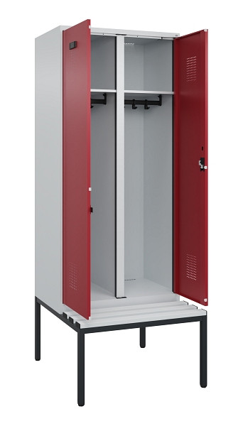 C+P Schwarz-Weiß-Spind Evolo PLUS, Bank, 2 Abteile, 2120x800x815mm, 7035/3003, Zylinderschloss, Sitzfläche Kunststoff, Sitzbank, 0490527-22 S10085