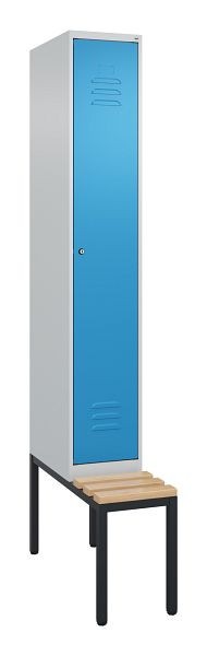 C+P Umkleidespind Classic PLUS mit Mitteltrennwand, Bank, 2120x300x815mm, 7035/5012, Zylinderschloss, Buche-Sitzleisten, 0800507-10F S10048