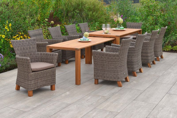 Merxx Toskana Set 11-teilig, 10 Toskana Sessel, inkl. Auflagen, Beine aus Akazienholz, 1 Flex Ausziehtisch, 185/370 x 90/73 cm, Akazienholz, 50589-211