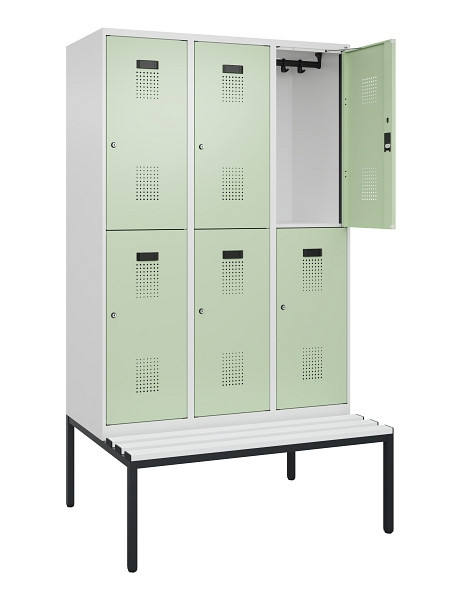 C+P Doppelstock-Spind Evolo PLUS, Bank, 6 Fächer, 2120x1200x815mm, 9016/6019, Zylinderschloss, Sitzfläche Kunststoff, Sitzbank, 0493507-32 S10133