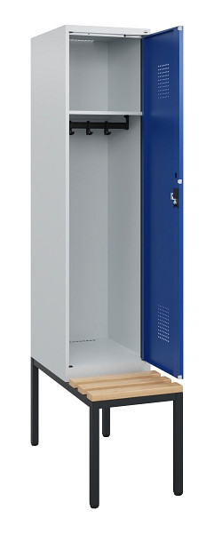 C+P Spind Evolo PLUS, 1 Abteil, 1950x400x815mm, 7035/5010, Zylinderschloss, Sitzfläche Holz, Sitzbank, 0490505-12 S10029