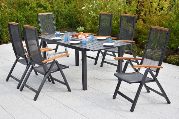 Merxx Tilos Set 7-teilig, 6 Tilos Klappsessel, 1 Ausziehtisch Vollalu, 150 (200) x 90 cm, Aluminium mit FSC Akazienholz, 50126-217