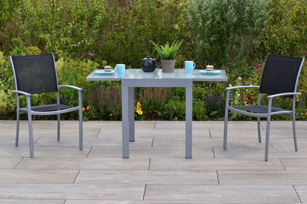 Merxx Milano Set 3-teilig, 2 Milano Stapelsessel, schwarz, 1 Balkonausziehtisch, 65 (130) x 65 x 75 cm, Alumiuniumgestell mit Textilbespannung, 50882-317
