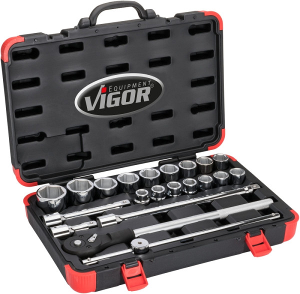 VIGOR Steckschlüssel Satz, Vierkant hohl 20 mm (3/4 Zoll), Außen-Sechskant Profil, 19 - 50, Anzahl Werkzeuge: 21, V2318N