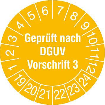 SafetyMarking Prüfplakette, Geprüft nach DGUV Vorschrift 3, Prüfzeitraum: 19-24, Ø 3 cm, Folie, selbstklebend, VE: 15 Stück/Bogen, 30.C8015-19-24
