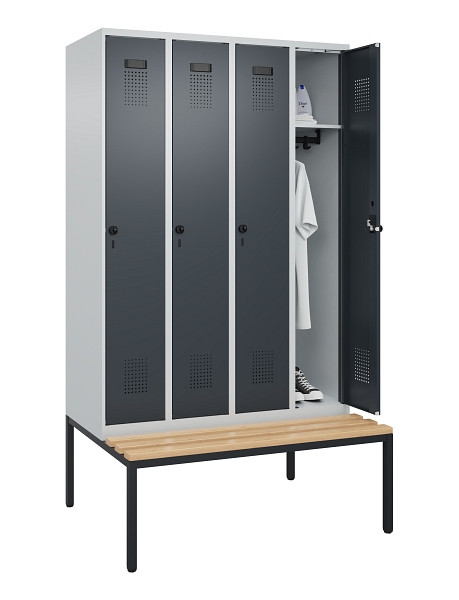 C+P Spind Evolo PLUS, 4 Abteile, 2120x1200x815mm, 7035/7016, Haken 3, Drehriegel, Sitzfläche Buche-Hartholz, Sitzbank, 0490507-40 S10012