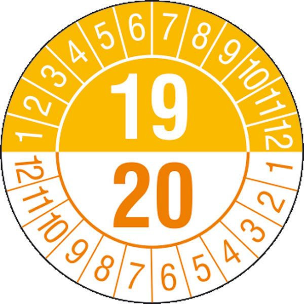 SafetyMarking Prüfplakette - mit Jahresfarbe, Jahreszahlen: 18/19, Prüfzeitraum: 19/20, Ø 3 cm, Folie, selbstklebend, VE: 15 Stück/Bogen, 30.3675-18/19