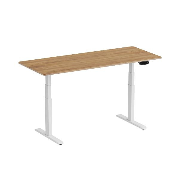 DENIOS Höhenverstellbarer Schreibtisch, elektrisch, Stahl/DBS, 1800 x 750 mm, weiß/Eiche, 318592